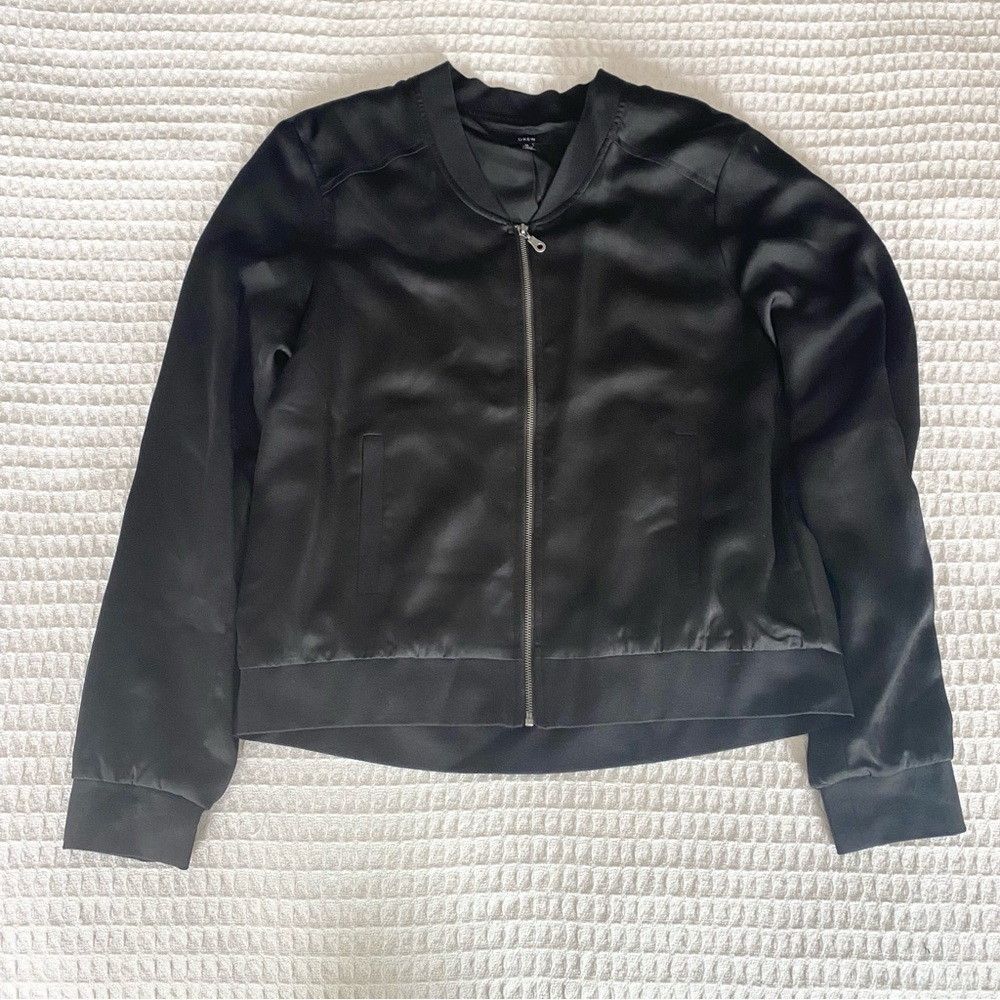 DREW black satin zip up bomber jacket size medium